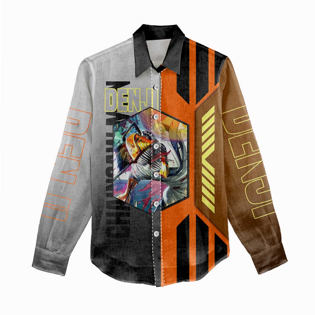Denji from Chainsaw Man Women Casual Shirt with Energetic Posing and Chainsaw Demon Design - The Mazicc