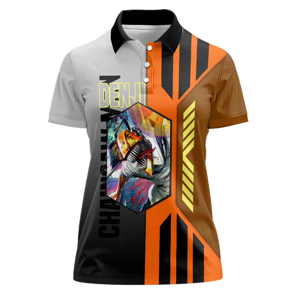 Denji from Chainsaw Man Women Polo Shirt with Energetic Posing and Chainsaw Demon Design - The Mazicc