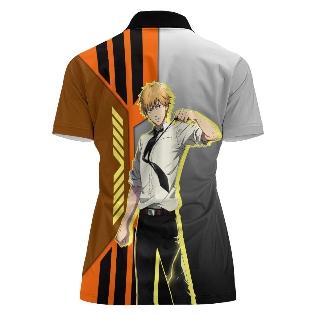 Denji from Chainsaw Man Women Polo Shirt with Energetic Posing and Chainsaw Demon Design - The Mazicc
