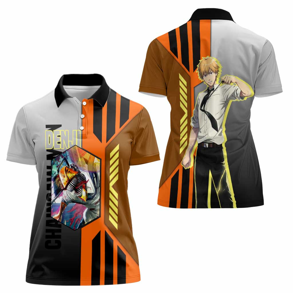 Denji from Chainsaw Man Women Polo Shirt with Energetic Posing and Chainsaw Demon Design - The Mazicc