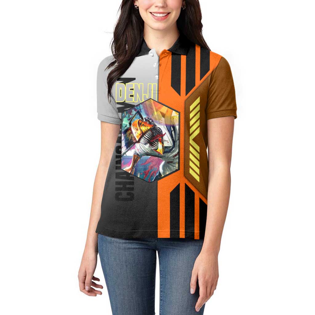 Denji from Chainsaw Man Women Polo Shirt with Energetic Posing and Chainsaw Demon Design - The Mazicc