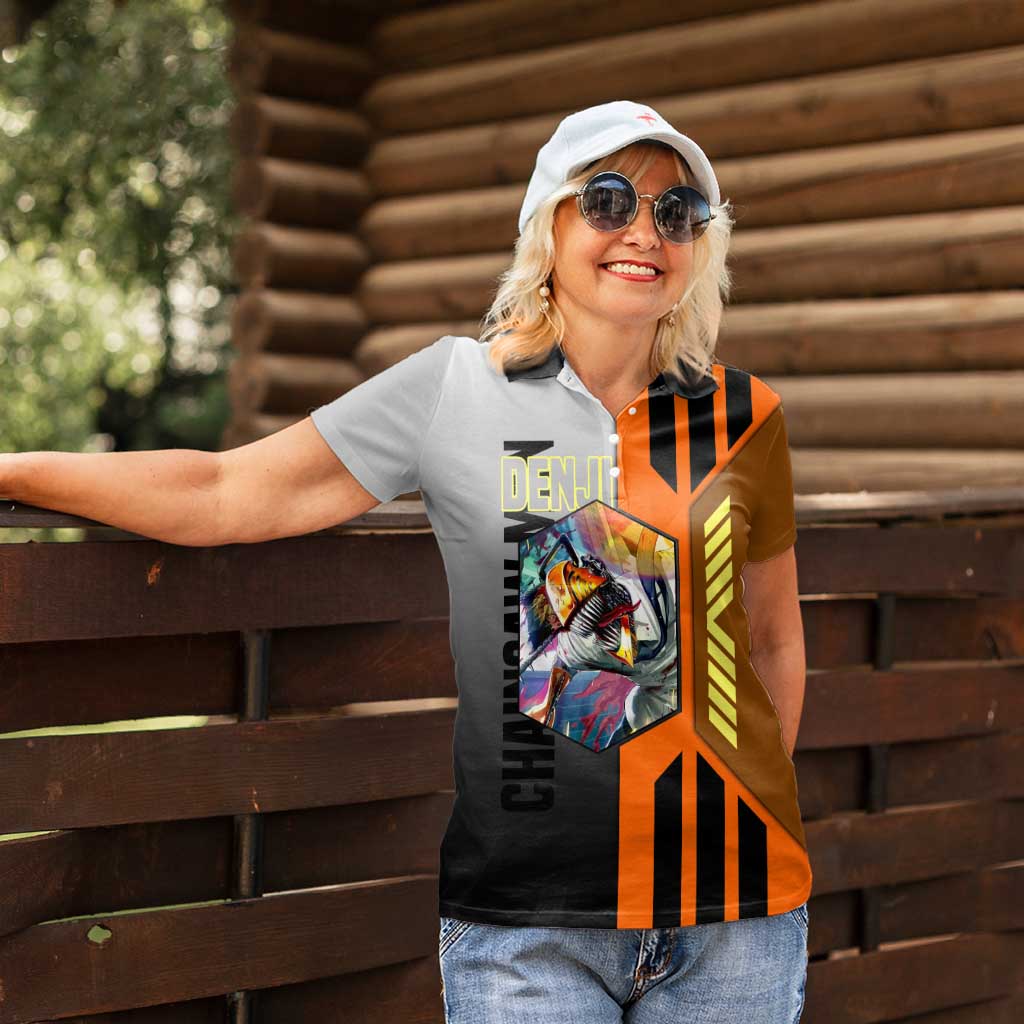 Denji from Chainsaw Man Women Polo Shirt with Energetic Posing and Chainsaw Demon Design - The Mazicc