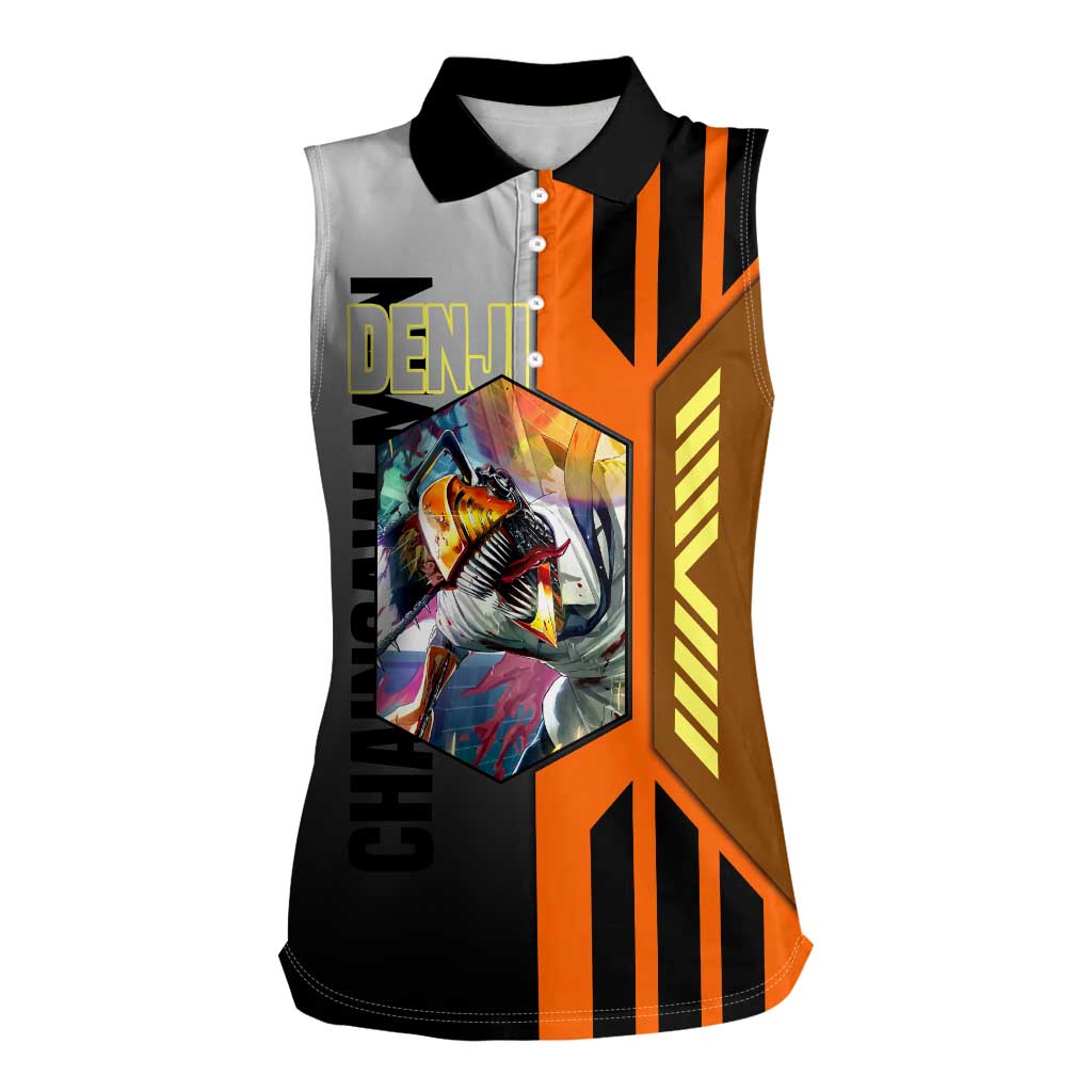Denji from Chainsaw Man Women Sleeveless Polo Shirt with Energetic Posing and Chainsaw Demon Design - The Mazicc