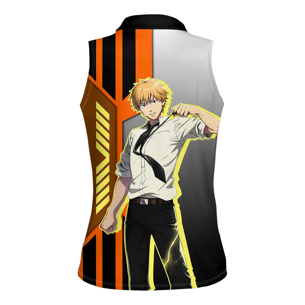 Denji from Chainsaw Man Women Sleeveless Polo Shirt with Energetic Posing and Chainsaw Demon Design - The Mazicc