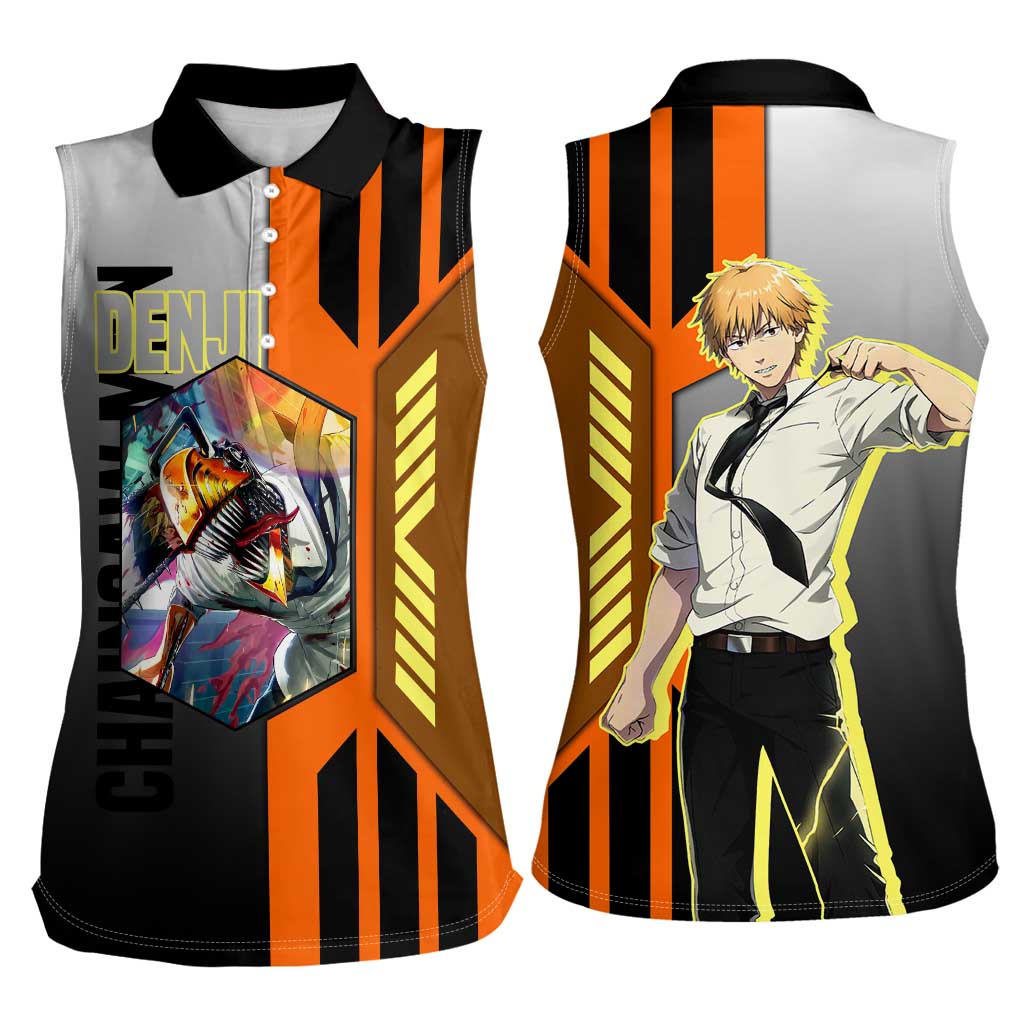 Denji from Chainsaw Man Women Sleeveless Polo Shirt with Energetic Posing and Chainsaw Demon Design - The Mazicc