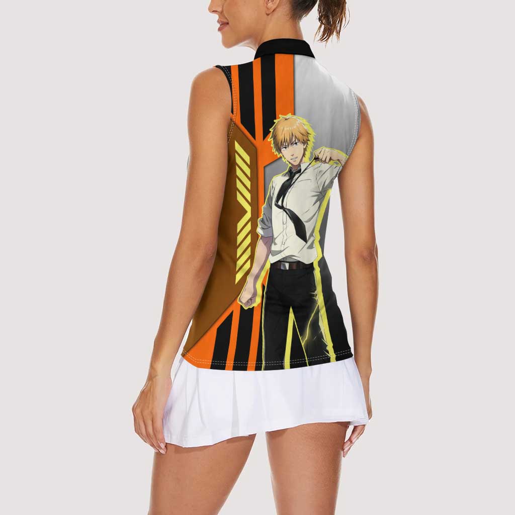 Denji from Chainsaw Man Women Sleeveless Polo Shirt with Energetic Posing and Chainsaw Demon Design - The Mazicc
