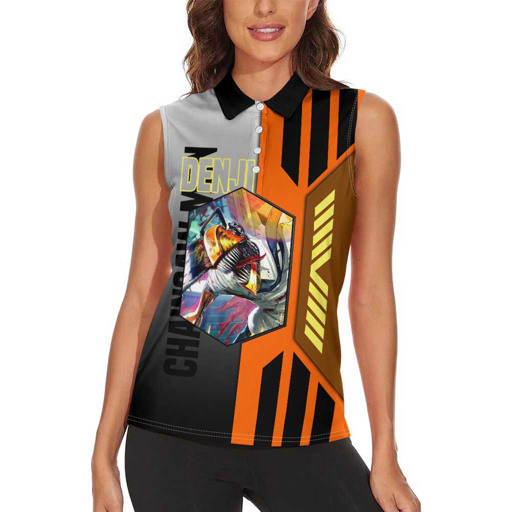 Denji from Chainsaw Man Women Sleeveless Polo Shirt with Energetic Posing and Chainsaw Demon Design - The Mazicc