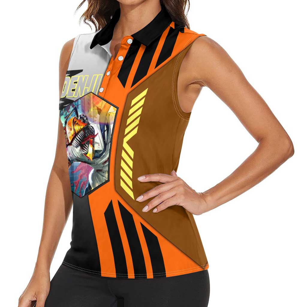 Denji from Chainsaw Man Women Sleeveless Polo Shirt with Energetic Posing and Chainsaw Demon Design - The Mazicc