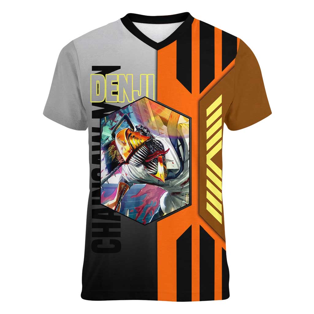 Denji from Chainsaw Man Women V-Neck T-Shirt with Energetic Posing and Chainsaw Demon Design - The Mazicc