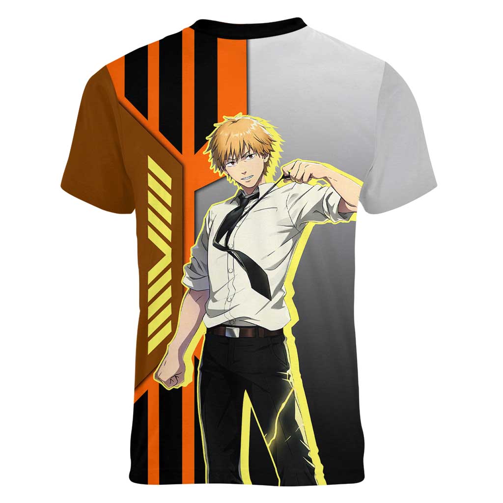 Denji from Chainsaw Man Women V-Neck T-Shirt with Energetic Posing and Chainsaw Demon Design - The Mazicc