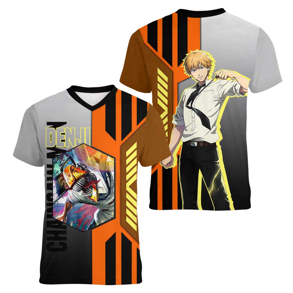 Denji from Chainsaw Man Women V-Neck T-Shirt with Energetic Posing and Chainsaw Demon Design - The Mazicc