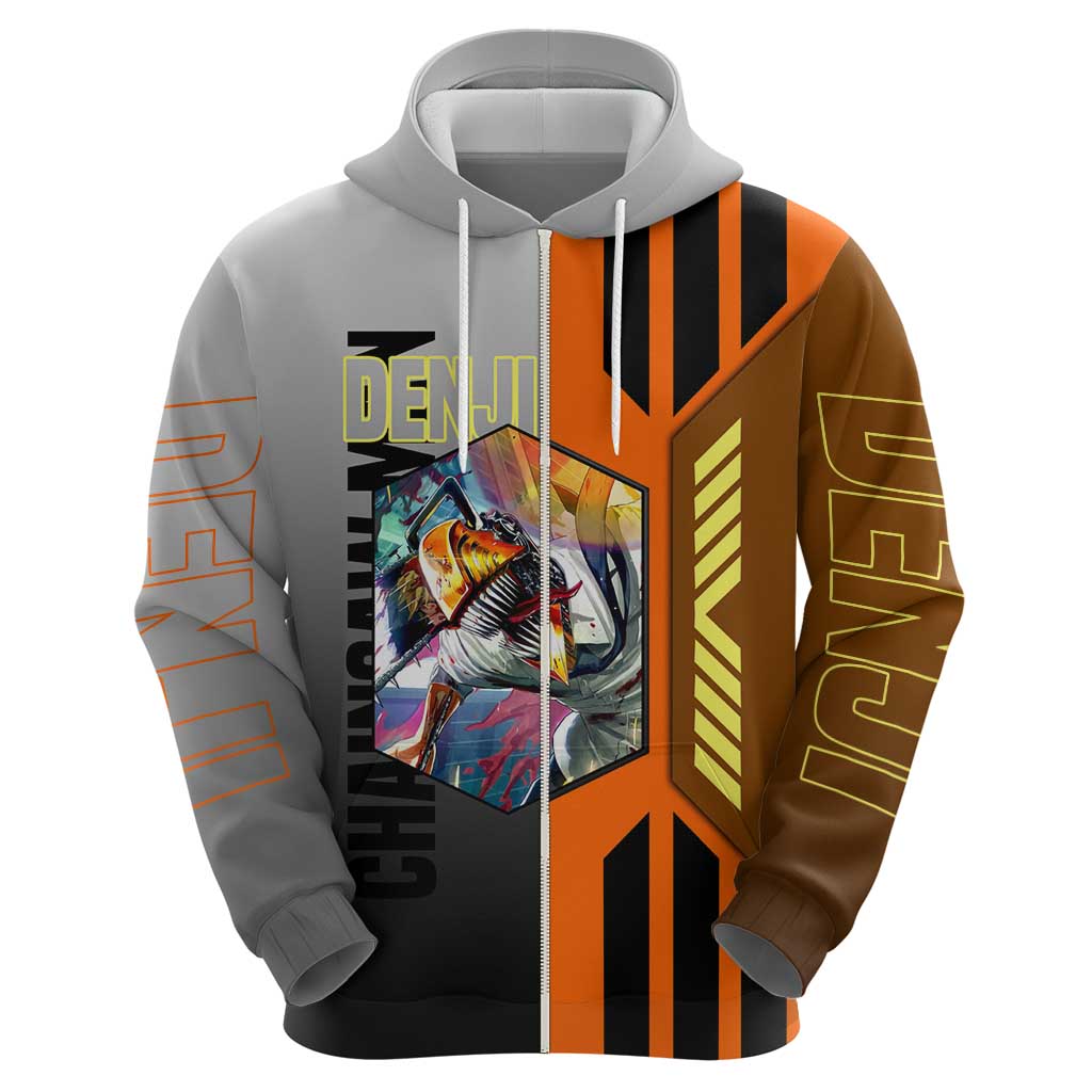 Denji from Chainsaw Man Zip Hoodie with Energetic Posing and Chainsaw Demon Design - The Mazicc