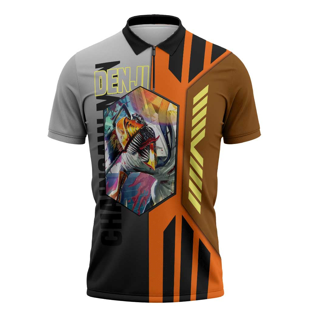 Denji from Chainsaw Man Zipper Polo Shirt with Energetic Posing and Chainsaw Demon Design - The Mazicc