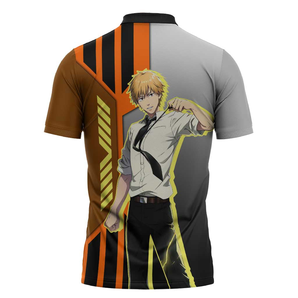 Denji from Chainsaw Man Zipper Polo Shirt with Energetic Posing and Chainsaw Demon Design - The Mazicc