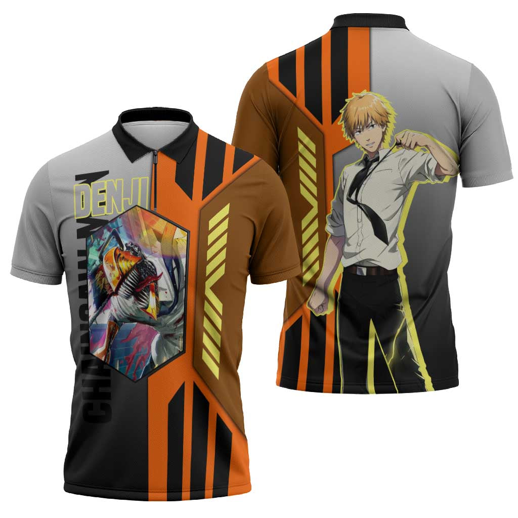Denji from Chainsaw Man Zipper Polo Shirt with Energetic Posing and Chainsaw Demon Design - The Mazicc