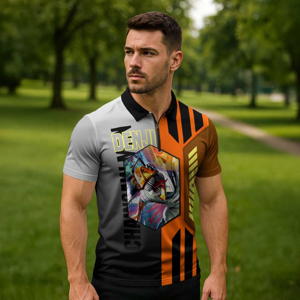 Denji from Chainsaw Man Zipper Polo Shirt with Energetic Posing and Chainsaw Demon Design - The Mazicc