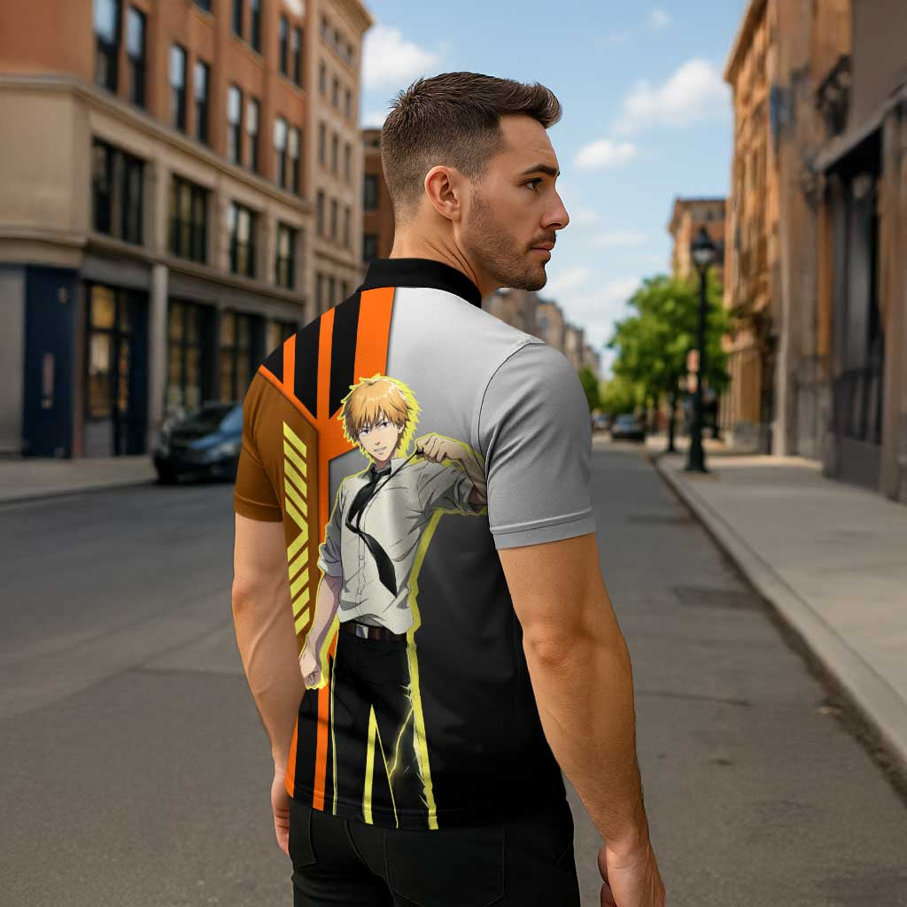 Denji from Chainsaw Man Zipper Polo Shirt with Energetic Posing and Chainsaw Demon Design - The Mazicc