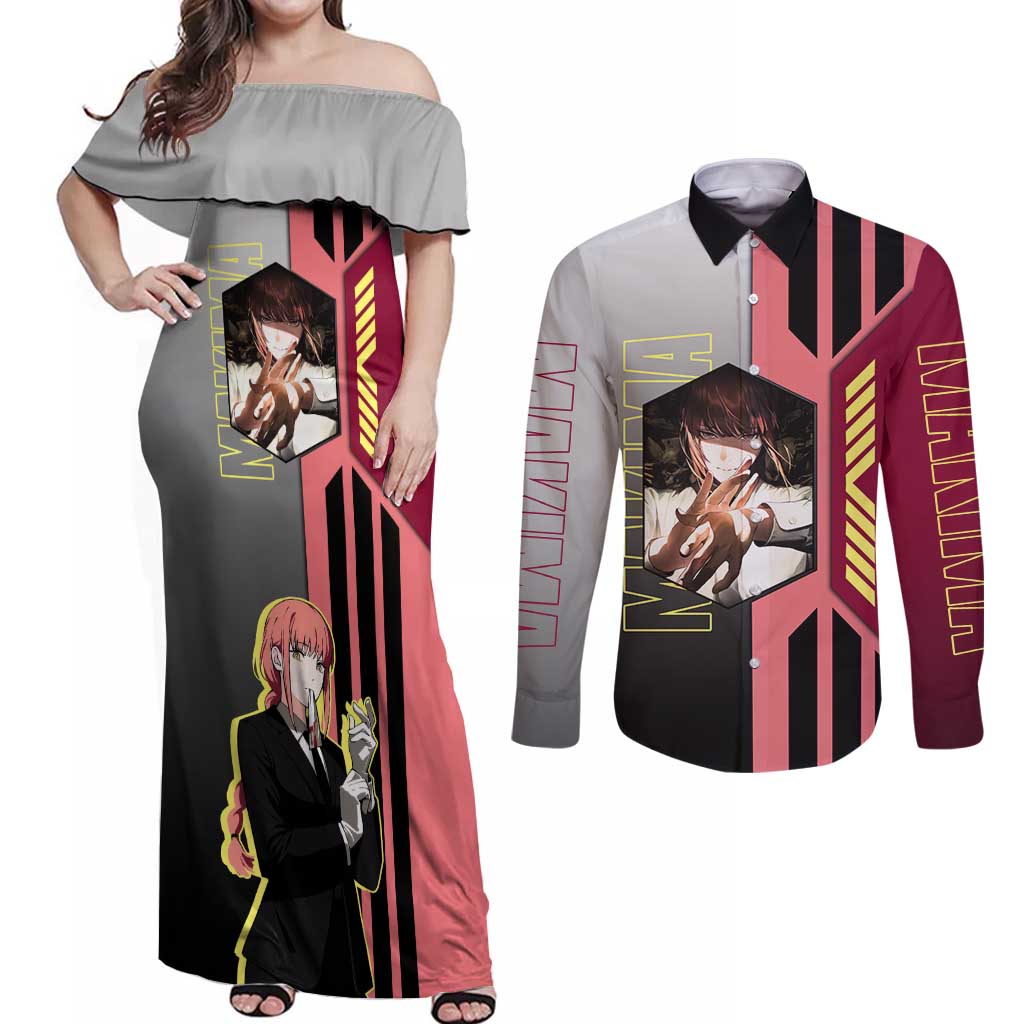 Makima from Chainsaw Man Couples Matching Off Shoulder Maxi Dress and Long Sleeve Button Shirt with Cool Posing and Character Design - The Mazicc