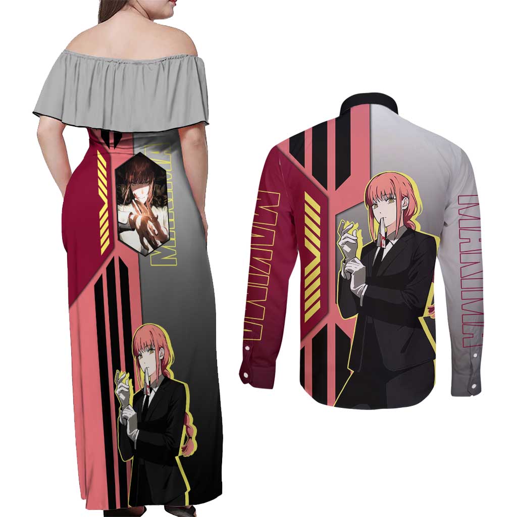 Makima from Chainsaw Man Couples Matching Off Shoulder Maxi Dress and Long Sleeve Button Shirt with Cool Posing and Character Design - The Mazicc