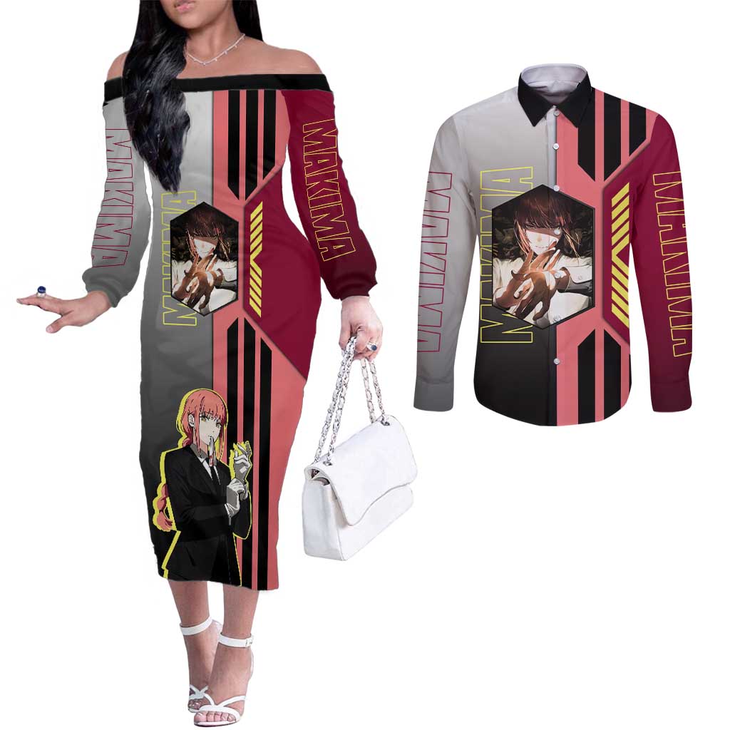 Makima from Chainsaw Man Couples Matching Off The Shoulder Long Sleeve Dress and Long Sleeve Button Shirt with Cool Posing and Character Design - The Mazicc