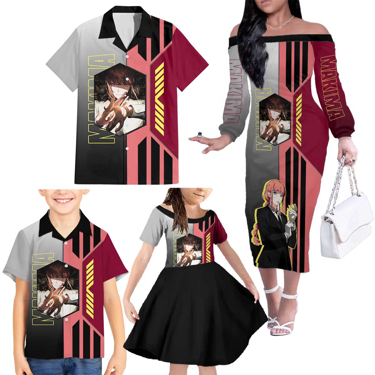 Makima from Chainsaw Man Family Matching Off The Shoulder Long Sleeve Dress and Hawaiian Shirt with Cool Posing and Character Design - The Mazicc