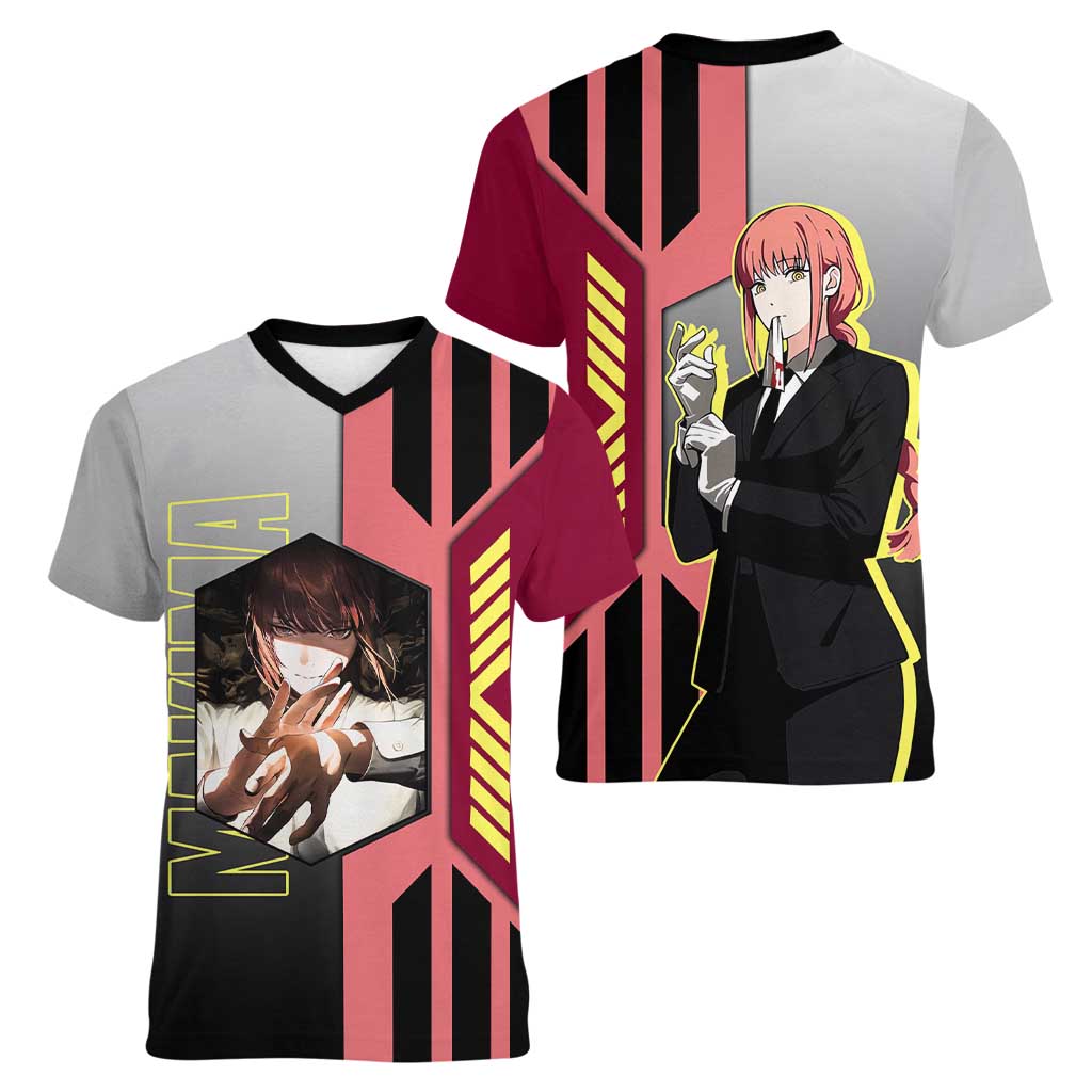 Makima from Chainsaw Man Women V-Neck T-Shirt with Cool Posing and Character Design - The Mazicc