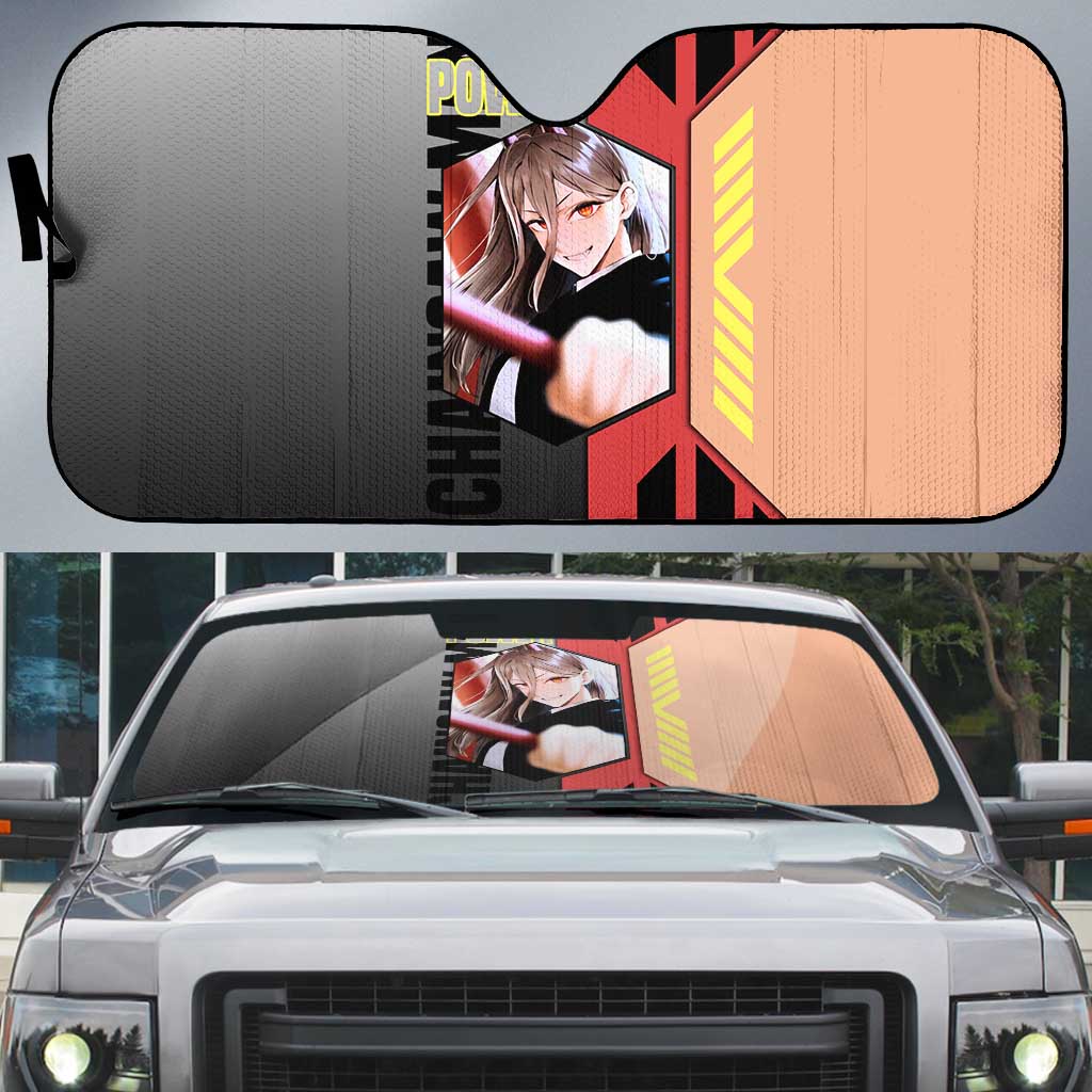 Power from Chainsaw Man Auto Sun Shade with Cat in Hand and Stylish Pose Design - The Mazicc