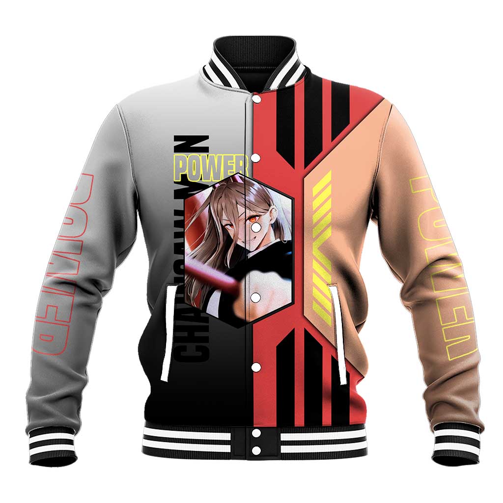 Power from Chainsaw Man Baseball Jacket with Cat in Hand and Stylish Pose Design - The Mazicc