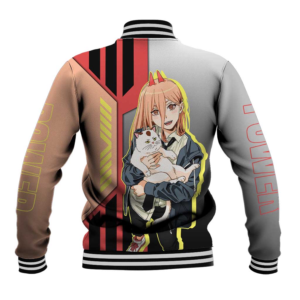 Power from Chainsaw Man Baseball Jacket with Cat in Hand and Stylish Pose Design - The Mazicc
