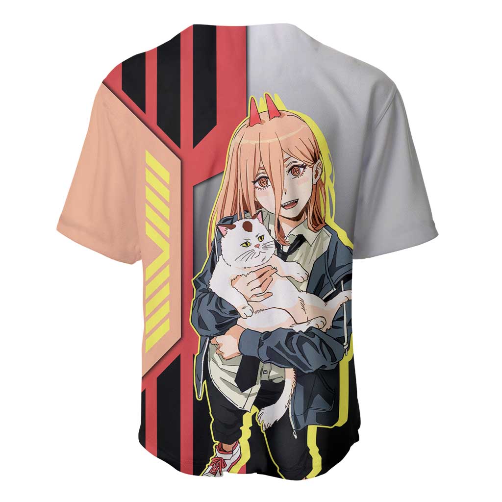 Power from Chainsaw Man Baseball Jersey with Cat in Hand and Stylish Pose Design - The Mazicc