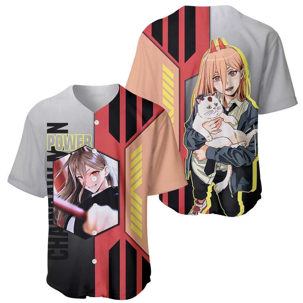 Power from Chainsaw Man Baseball Jersey with Cat in Hand and Stylish Pose Design - The Mazicc