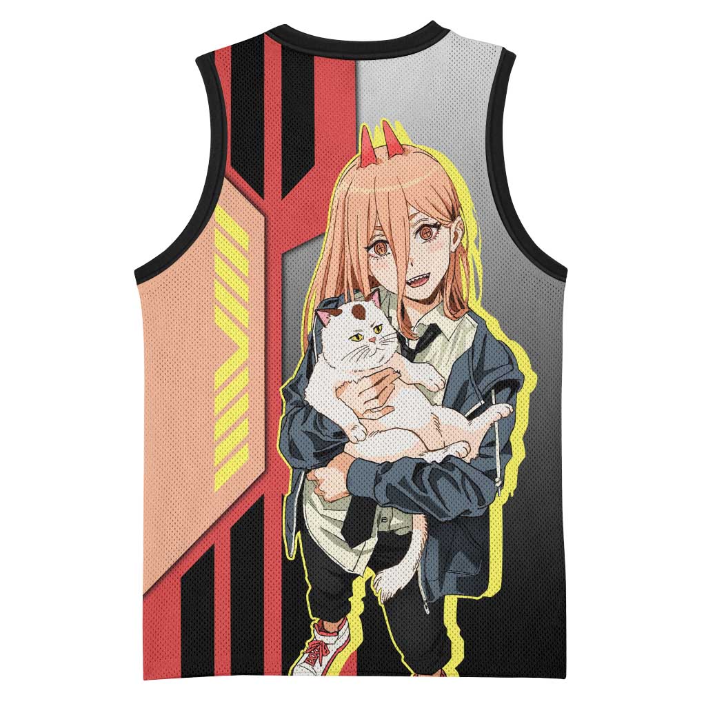 Power from Chainsaw Man Basketball Jersey with Cat in Hand and Stylish Pose Design - The Mazicc