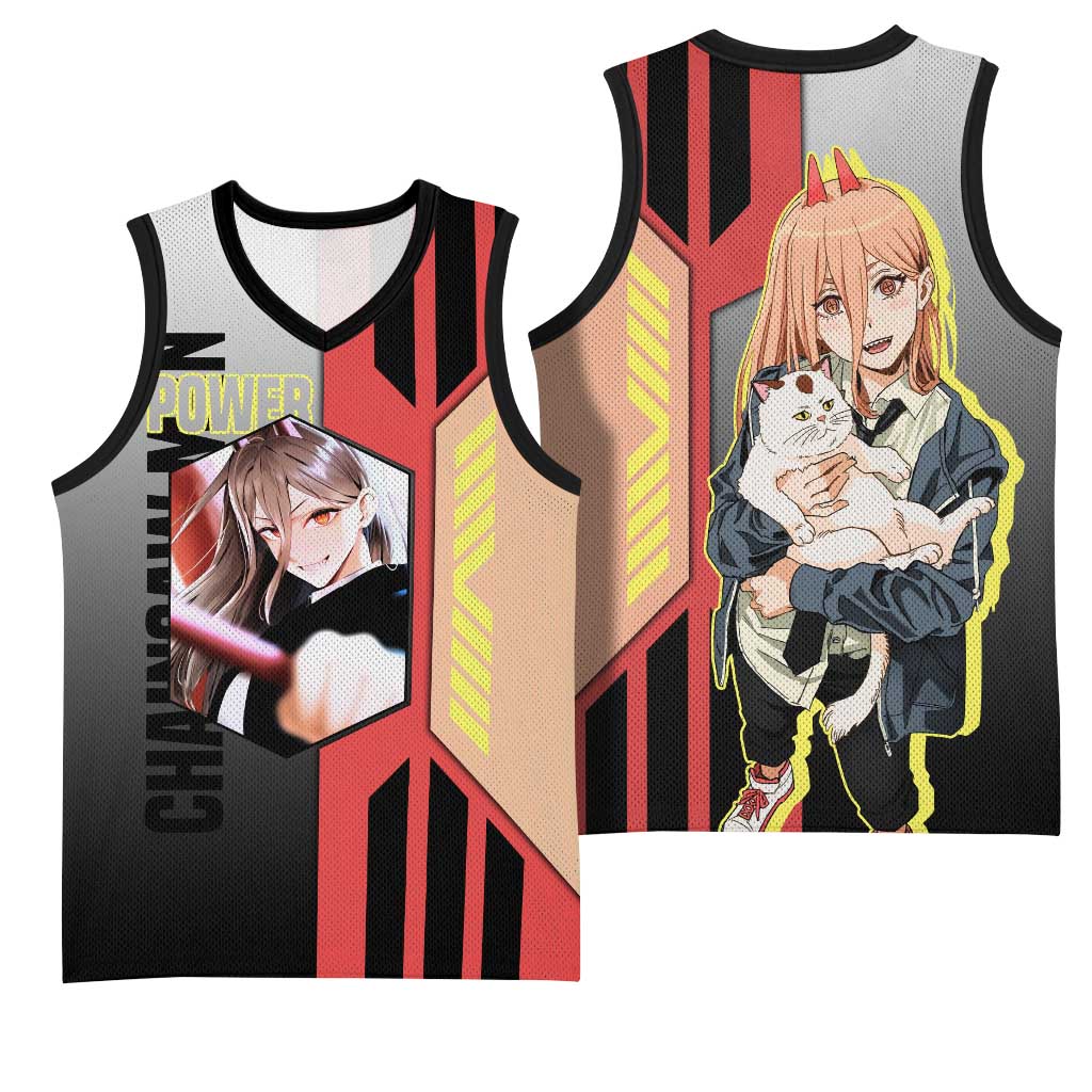 Power from Chainsaw Man Basketball Jersey with Cat in Hand and Stylish Pose Design - The Mazicc