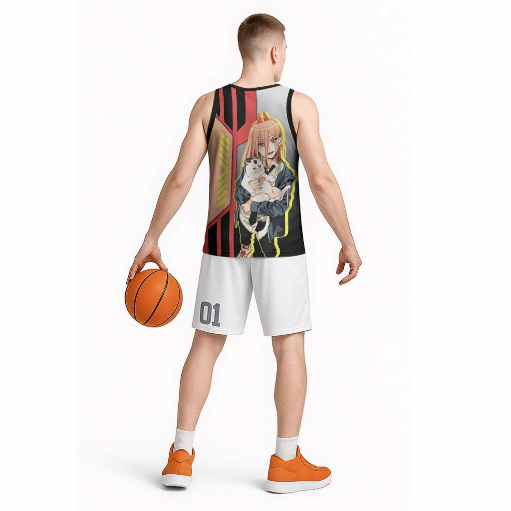 Power from Chainsaw Man Basketball Jersey with Cat in Hand and Stylish Pose Design - The Mazicc