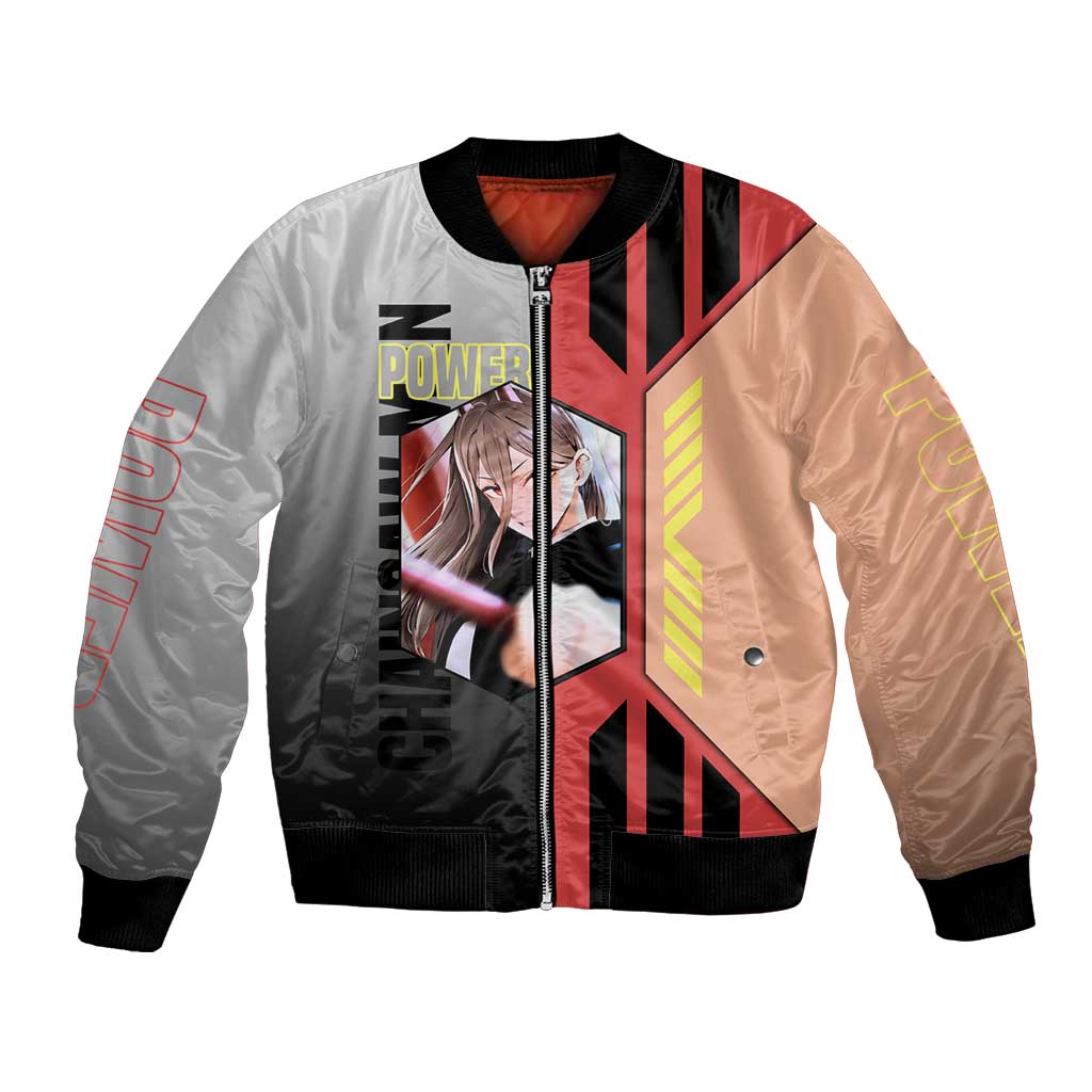 Power from Chainsaw Man Bomber Jacket with Cat in Hand and Stylish Pose Design - The Mazicc