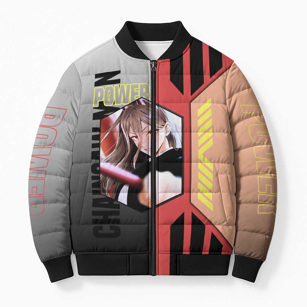 Power from Chainsaw Man Bomber Puffer Jacket with Cat in Hand and Stylish Pose Design - The Mazicc