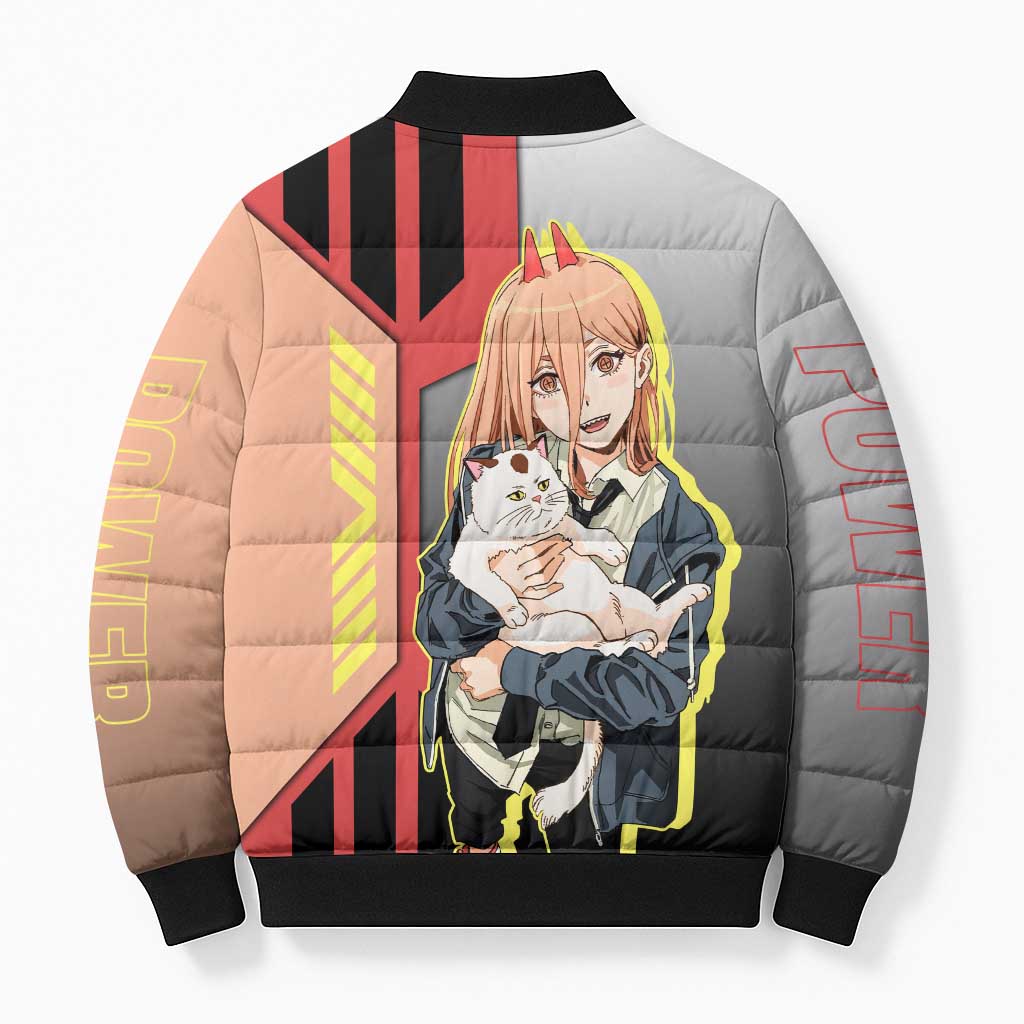 Power from Chainsaw Man Bomber Puffer Jacket with Cat in Hand and Stylish Pose Design - The Mazicc