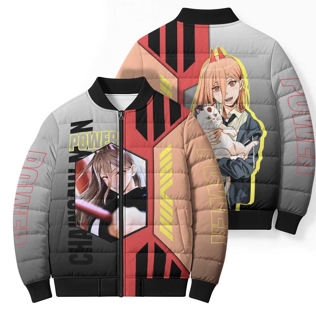 Power from Chainsaw Man Bomber Puffer Jacket with Cat in Hand and Stylish Pose Design - The Mazicc