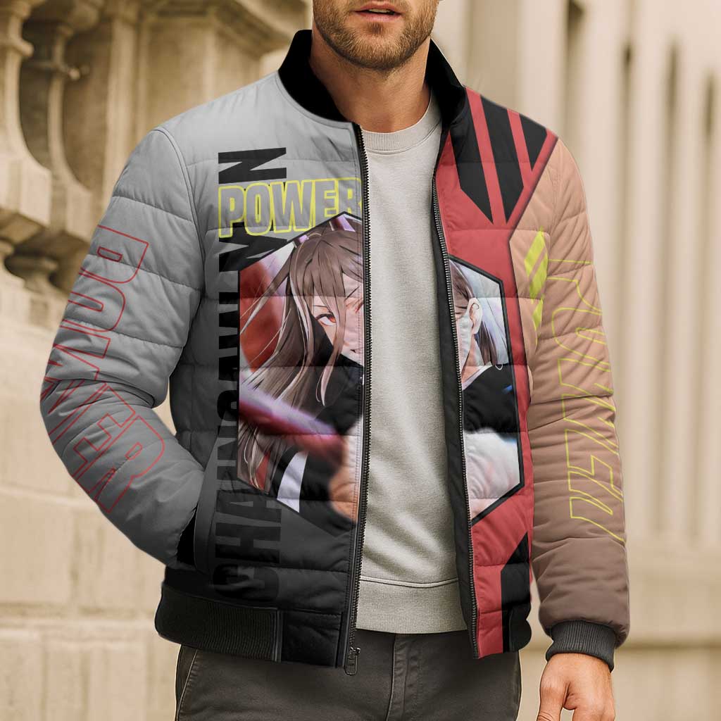 Power from Chainsaw Man Bomber Puffer Jacket with Cat in Hand and Stylish Pose Design - The Mazicc