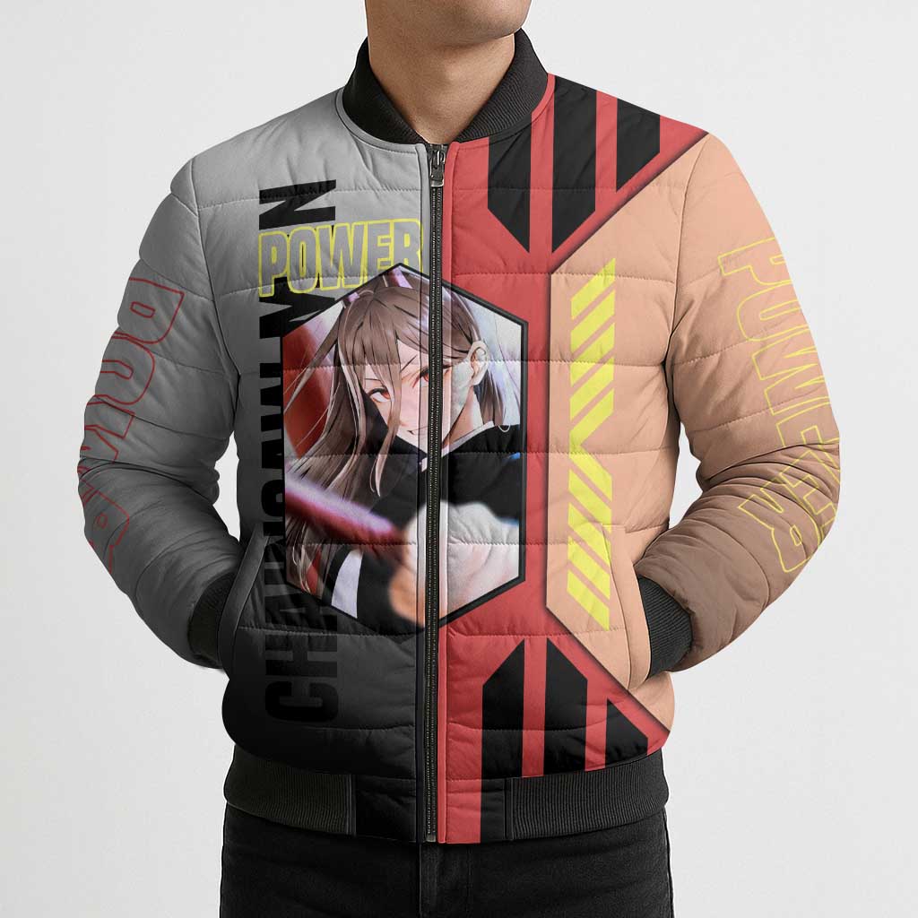 Power from Chainsaw Man Bomber Puffer Jacket with Cat in Hand and Stylish Pose Design - The Mazicc