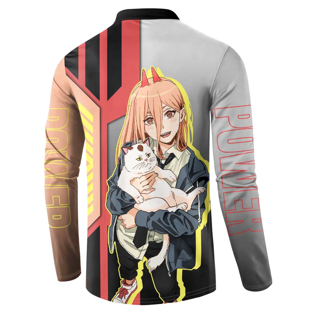 Power from Chainsaw Man Button Sweatshirt with Cat in Hand and Stylish Pose Design - The Mazicc
