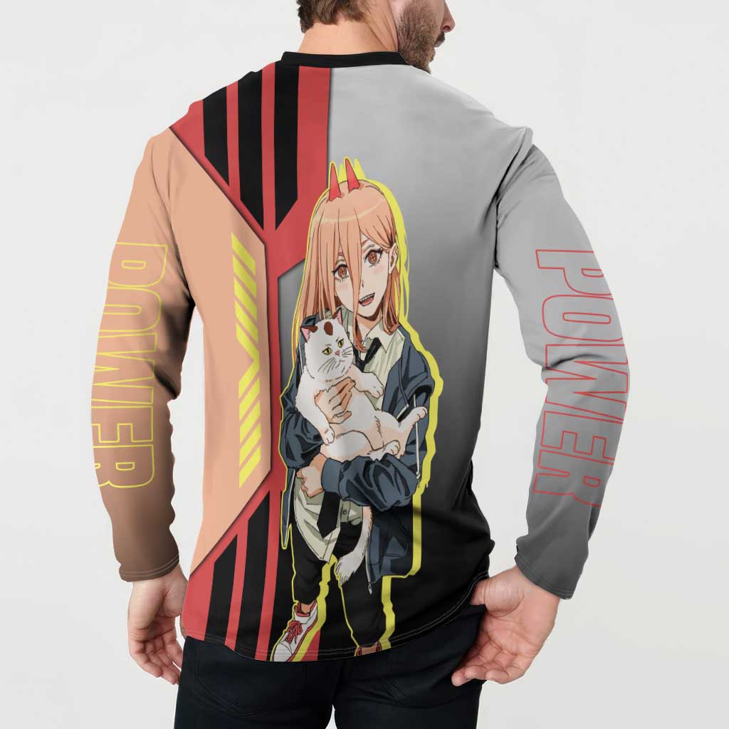 Power from Chainsaw Man Button Sweatshirt with Cat in Hand and Stylish Pose Design - The Mazicc