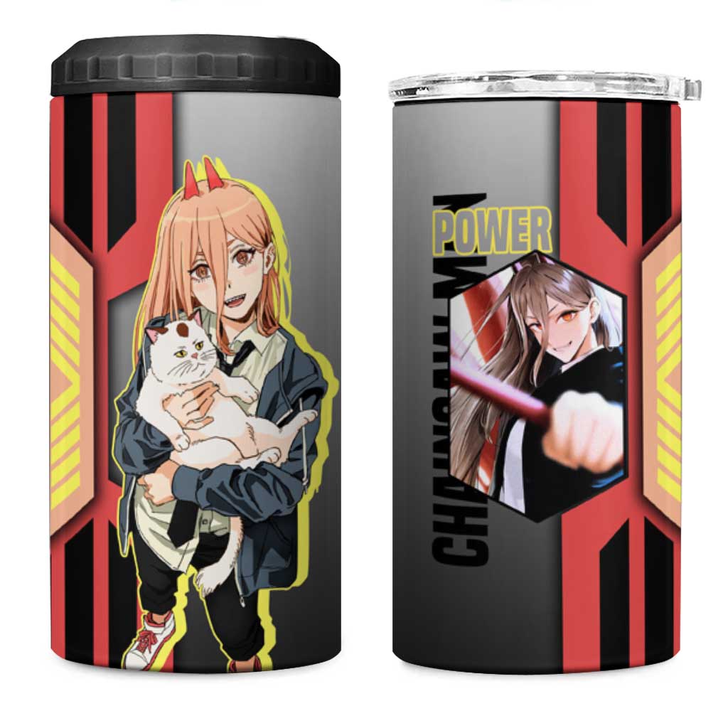 Power from Chainsaw Man 4 in 1 Can Cooler Tumbler with Cat in Hand and Stylish Pose Design - The Mazicc