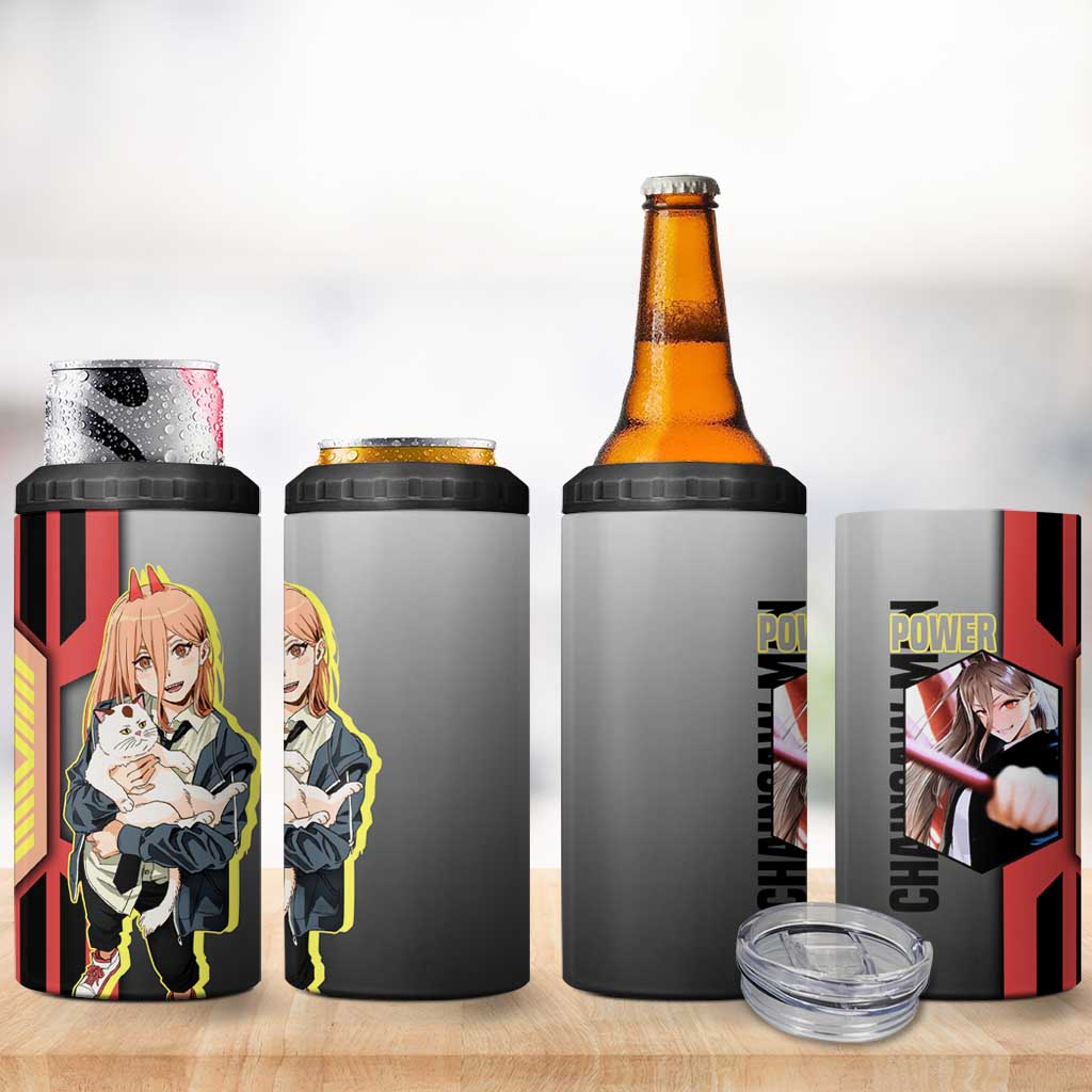 Power from Chainsaw Man 4 in 1 Can Cooler Tumbler with Cat in Hand and Stylish Pose Design - The Mazicc