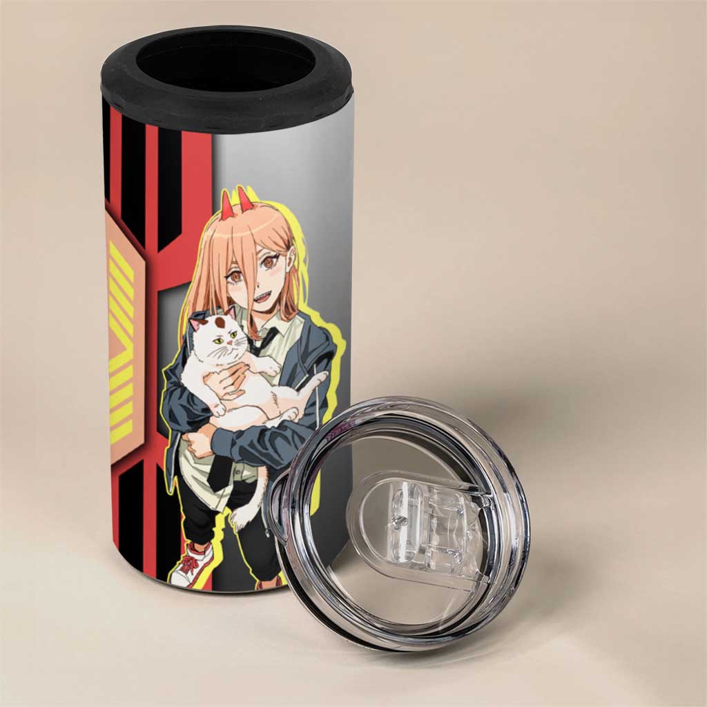 Power from Chainsaw Man 4 in 1 Can Cooler Tumbler with Cat in Hand and Stylish Pose Design - The Mazicc