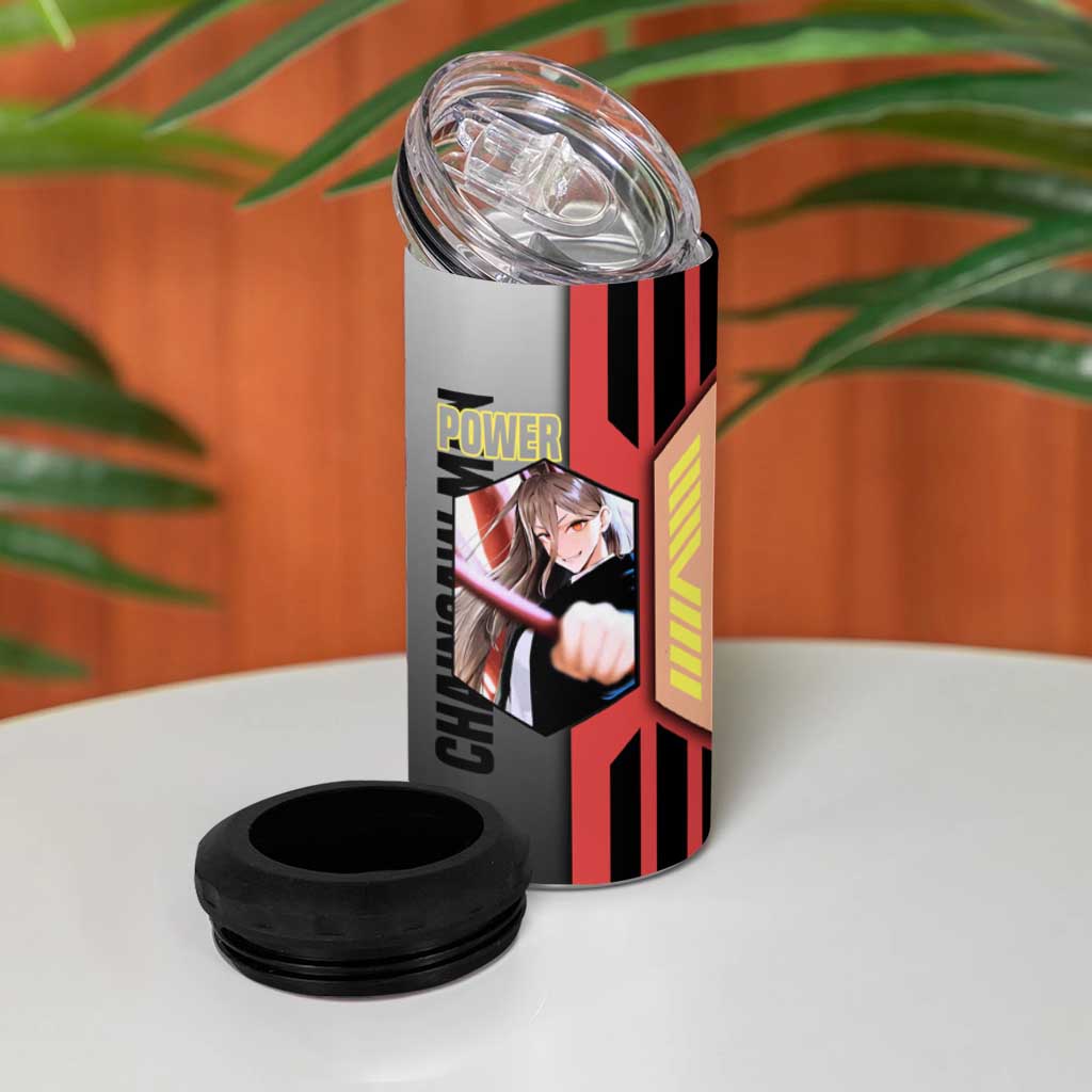 Power from Chainsaw Man 4 in 1 Can Cooler Tumbler with Cat in Hand and Stylish Pose Design - The Mazicc