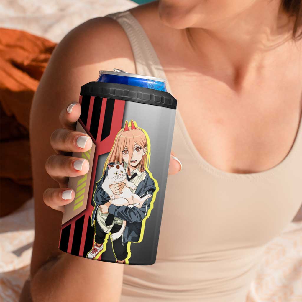 Power from Chainsaw Man 4 in 1 Can Cooler Tumbler with Cat in Hand and Stylish Pose Design - The Mazicc
