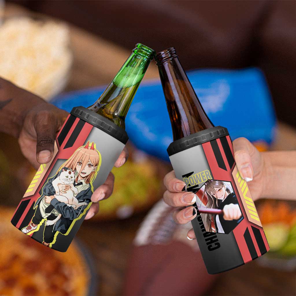 Power from Chainsaw Man 4 in 1 Can Cooler Tumbler with Cat in Hand and Stylish Pose Design - The Mazicc