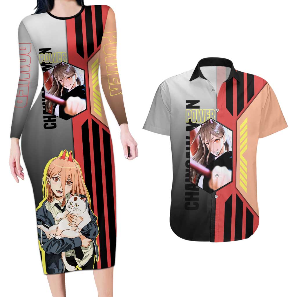 Power from Chainsaw Man Couples Matching Long Sleeve Bodycon Dress and Hawaiian Shirt with Cat in Hand and Stylish Pose Design - The Mazicc