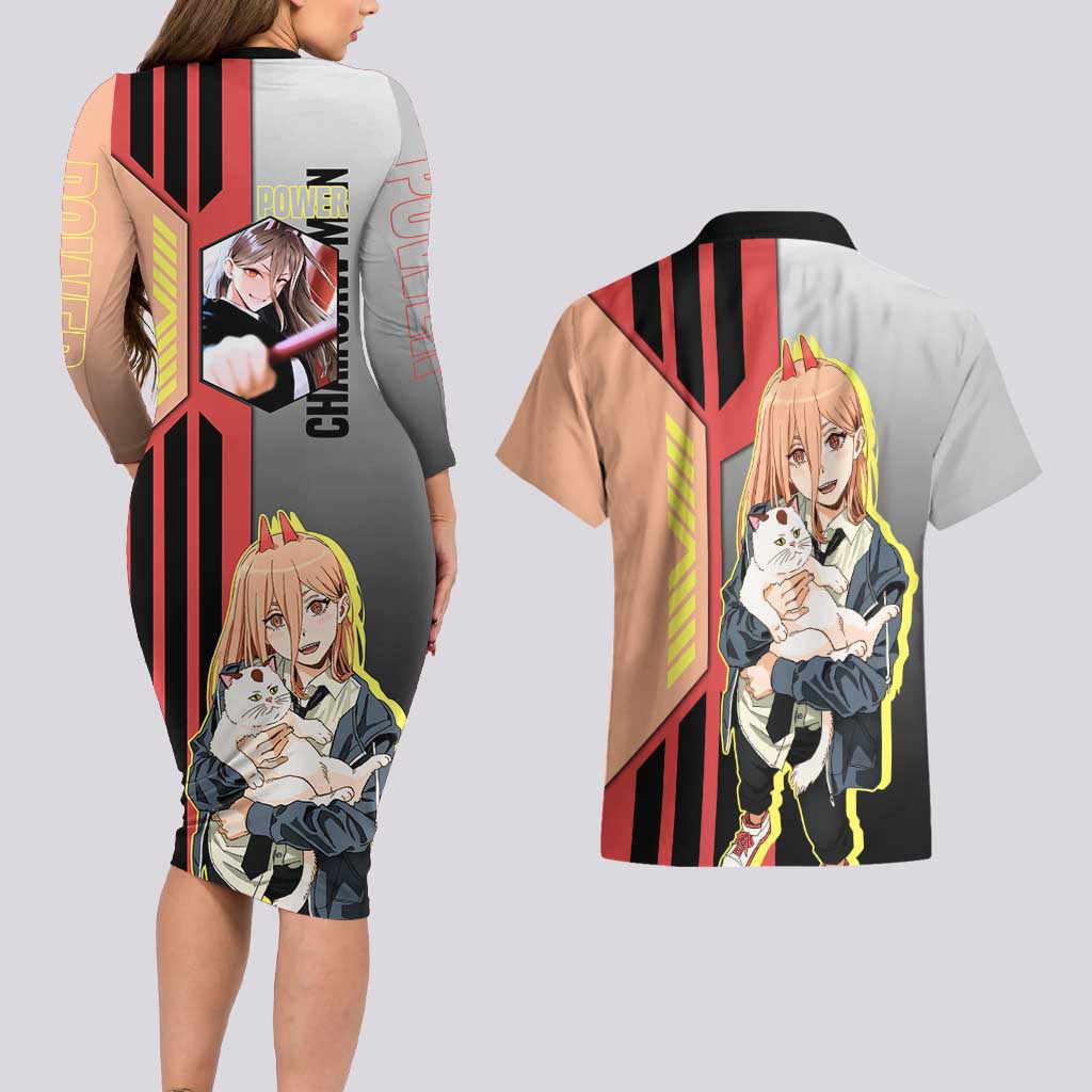Power from Chainsaw Man Couples Matching Long Sleeve Bodycon Dress and Hawaiian Shirt with Cat in Hand and Stylish Pose Design - The Mazicc